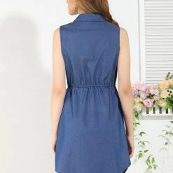 Allegra K Women’s Sleeveless Collar Button Down Tie Waist Belt Denim Shirt Dress
