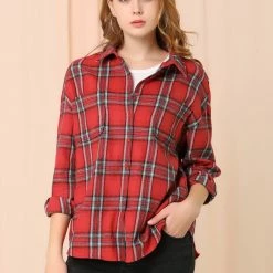 Allegra K Women's Plaid Shirts Button Down Long Sleeve Pockets Oversized Tunics Blouse