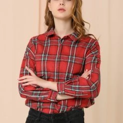 Allegra K Women's Plaid Shirts Button Down Long Sleeve Pockets Oversized Tunics Blouse
