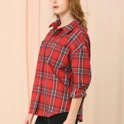 Allegra K Women's Plaid Shirts Button Down Long Sleeve Pockets Oversized Tunics Blouse