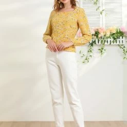 Allegra K Women's Square Neck Elegant Vintage Floral Long Sleeves Tops