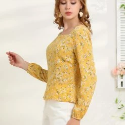 Allegra K Women's Square Neck Elegant Vintage Floral Long Sleeves Tops