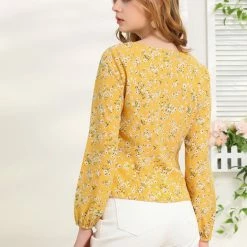 Allegra K Women's Square Neck Elegant Vintage Floral Long Sleeves Tops