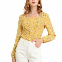 Allegra K Women's Square Neck Elegant Vintage Floral Long Sleeves Tops