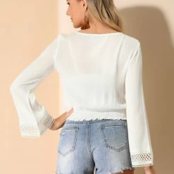 Allegra K Women's Embroidery Lace Peasant Tie Neck Bell Sleeve Smocked Hem Cropped Top