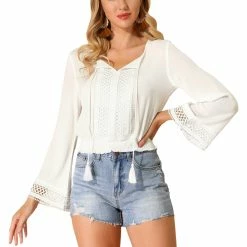 Allegra K Women's Embroidery Lace Peasant Tie Neck Bell Sleeve Smocked Hem Cropped Top