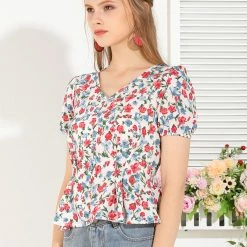 Allegra K Women's Floral Printed Blouse V Neck Button Decor Peplum Tops