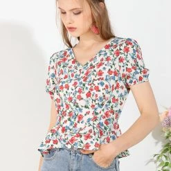 Allegra K Women's Floral Printed Blouse V Neck Button Decor Peplum Tops
