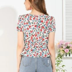 Allegra K Women's Floral Printed Blouse V Neck Button Decor Peplum Tops