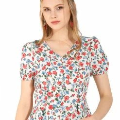 Allegra K Women's Floral Printed Blouse V Neck Button Decor Peplum Tops