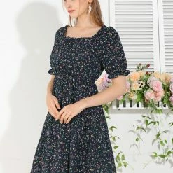 Allegra K Women's Square Neck Elastic Waist Frill Trim Flowy Floral Puff Sleeve Dress