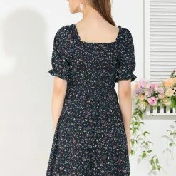 Allegra K Women's Square Neck Elastic Waist Frill Trim Flowy Floral Puff Sleeve Dress