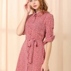 Allegra K Women's Casual Point Collar Long Sleeve Ditsy Floral Full Placket Mini Shirt Dress