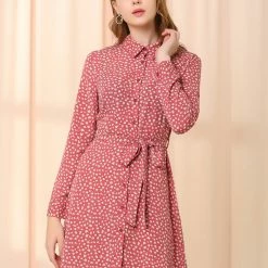 Allegra K Women's Casual Point Collar Long Sleeve Ditsy Floral Full Placket Mini Shirt Dress