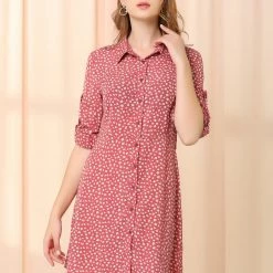 Allegra K Women's Casual Point Collar Long Sleeve Ditsy Floral Full Placket Mini Shirt Dress