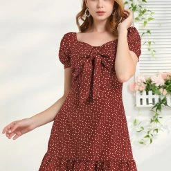 Allegra K Women's Ruffle Hem Sweetheart Neck Heart Tie Front Flare Mini Dress