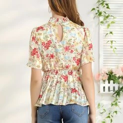 Allegra K Women's Keyhole Front Smocked Waist Flare Sleeve Floral Peplum Top