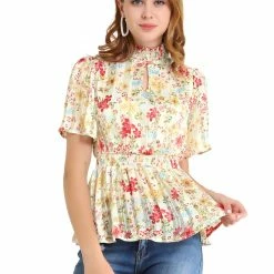 Allegra K Women's Keyhole Front Smocked Waist Flare Sleeve Floral Peplum Top