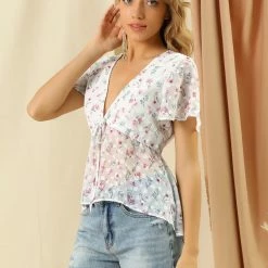 Allegra K Women's Floral Blouse Summer Short Flare Sleeve V Neck Peplum Top 17 Allegra K Women's Floral Blouse Summer Short Flare Sleeve V Neck Peplum Top