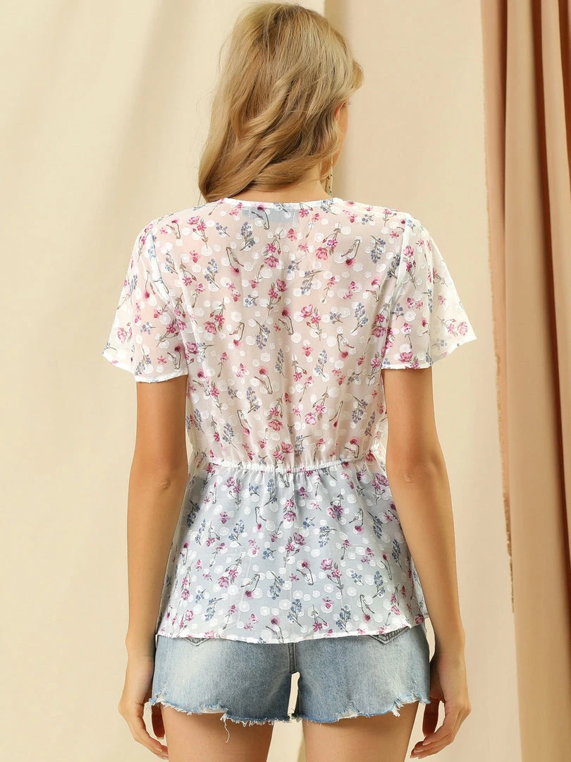 Allegra K Women's Floral Blouse Summer Short Flare Sleeve V Neck Peplum Top 8 Allegra K Women's Floral Blouse Summer Short Flare Sleeve V Neck Peplum Top