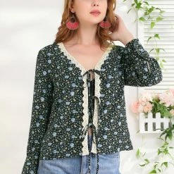 Allegra K Women's Floral Print Tie Up Open Front Scalloped Lace Trim Long Sleeve Top