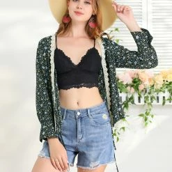 Allegra K Women's Floral Print Tie Up Open Front Scalloped Lace Trim Long Sleeve Top