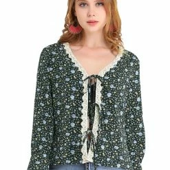 Allegra K Women's Floral Print Tie Up Open Front Scalloped Lace Trim Long Sleeve Top