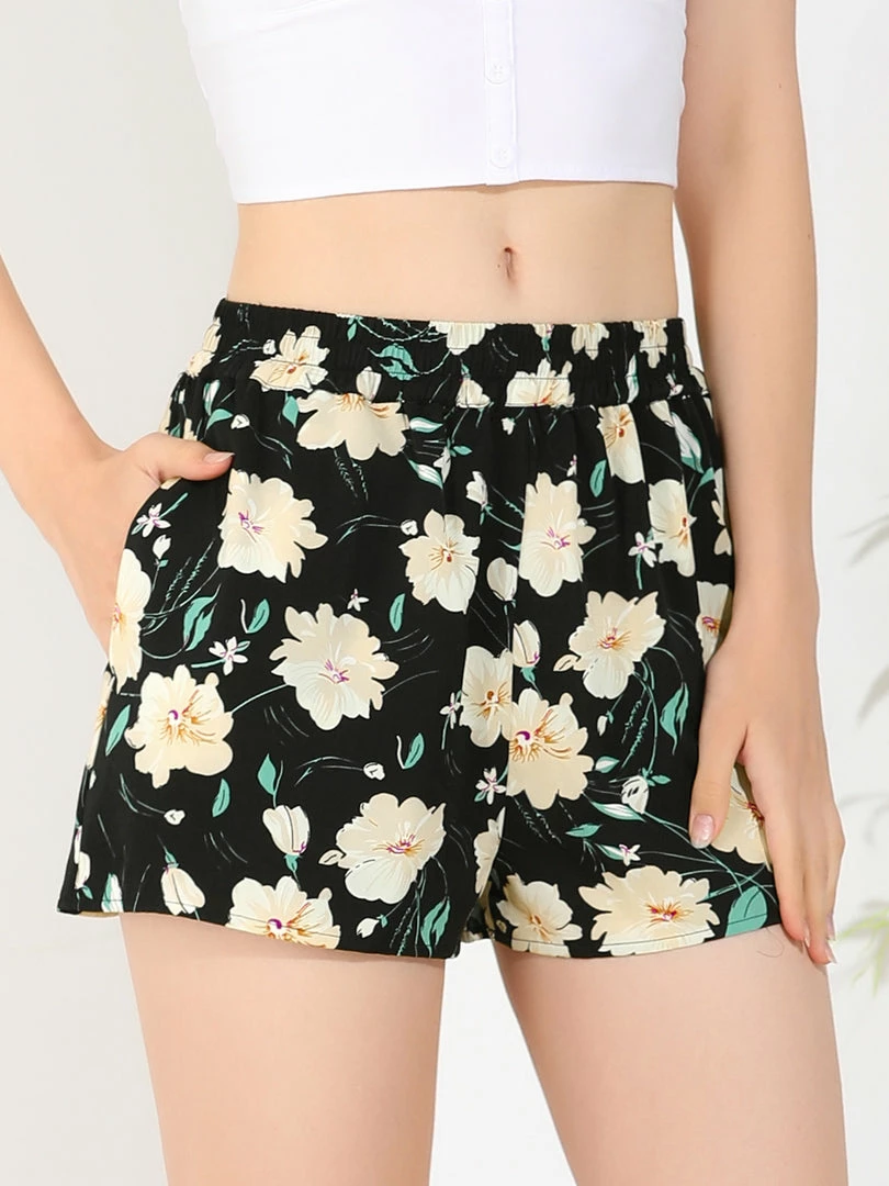 Allegra K Women's Floral Elastic Waistband Board Pockets Summer Beach Shorts 5 Allegra K Women's Floral Elastic Waistband Board Pockets Summer Beach Shorts