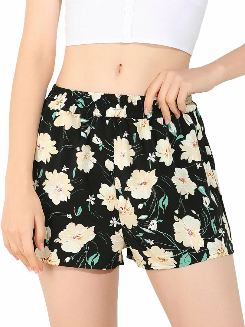 Allegra K Women's Floral Elastic Waistband Board Pockets Summer Beach Shorts 4 Allegra K Women's Floral Elastic Waistband Board Pockets Summer Beach Shorts