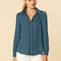 Allegra K V Neck Long Sleeve Work Shirt