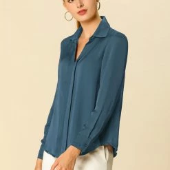 Allegra K V Neck Long Sleeve Work Shirt