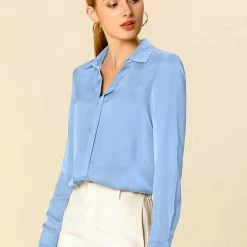 Allegra K V Neck Long Sleeve Work Shirt