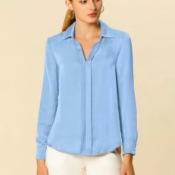 Allegra K V Neck Long Sleeve Work Shirt