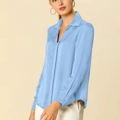 Allegra K V Neck Long Sleeve Work Shirt