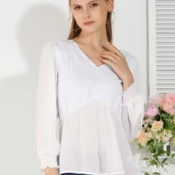 Allegra K Women's Ruffled Long Puff Sleeves Blouses V Neck Solid Color Top