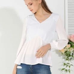 Allegra K Women's Ruffled Long Puff Sleeves Blouses V Neck Solid Color Top