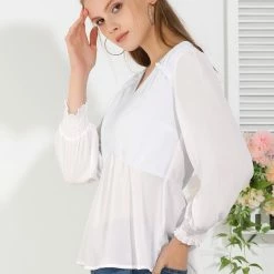 Allegra K Women's Ruffled Long Puff Sleeves Blouses V Neck Solid Color Top
