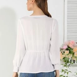 Allegra K Women's Ruffled Long Puff Sleeves Blouses V Neck Solid Color Top