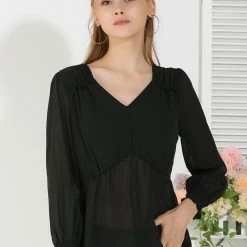 Allegra K Women's Ruffled Long Puff Sleeves Blouses V Neck Solid Color Top