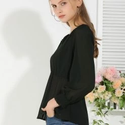 Allegra K Women's Ruffled Long Puff Sleeves Blouses V Neck Solid Color Top