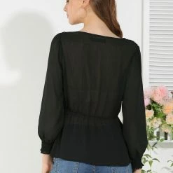 Allegra K Women's Ruffled Long Puff Sleeves Blouses V Neck Solid Color Top