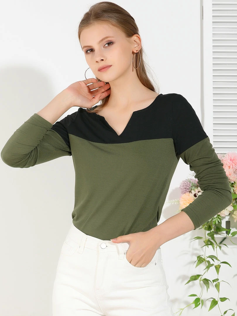 Allegra K Split V-neck Long Sleeves Color Block T-Shirt 5 Allegra K Split V-neck Long Sleeves Color Block T-Shirt