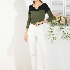 Allegra K Split V-neck Long Sleeves Color Block T-Shirt 61 Allegra K Split V-neck Long Sleeves Color Block T-Shirt