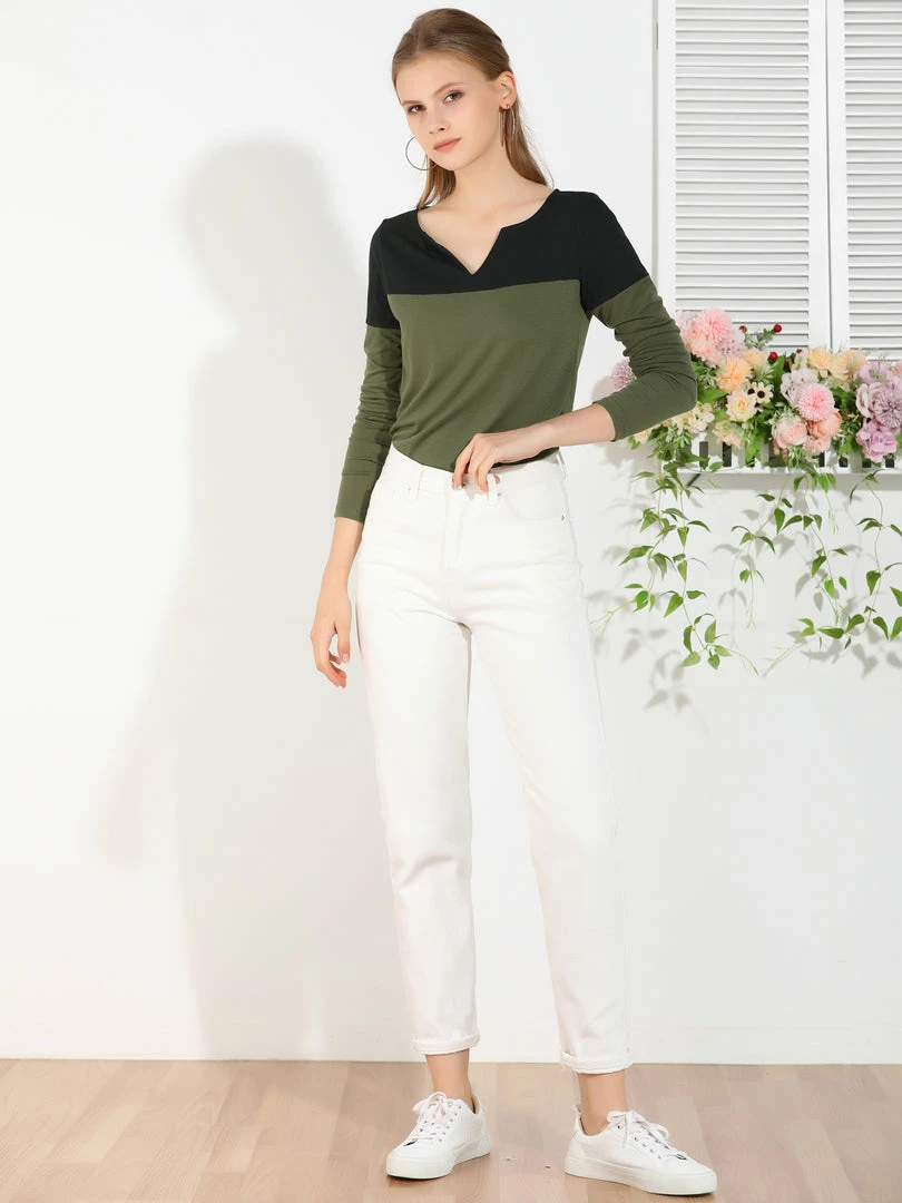 Allegra K Split V-neck Long Sleeves Color Block T-Shirt 6 Allegra K Split V-neck Long Sleeves Color Block T-Shirt