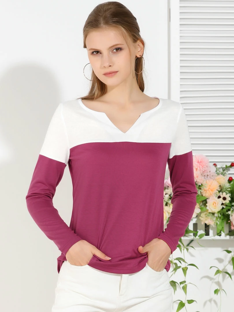 Allegra K Split V-neck Long Sleeves Color Block T-Shirt 11 Allegra K Split V-neck Long Sleeves Color Block T-Shirt
