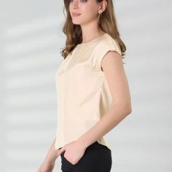 Allegra K Women's Silky Blouse Round Neck Pleated Business Casual Elegant Top