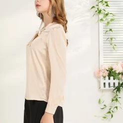 Allegra K Women's Satin Work Blouse Tie Neck Business Casual Top