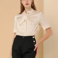 Allegra K Women's Satin Tie Neck Blouse Office Button Down Short Sleeve Silky Elegant Top Shirt