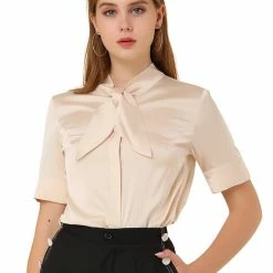 Allegra K Women's Satin Tie Neck Blouse Office Button Down Short Sleeve Silky Elegant Top Shirt
