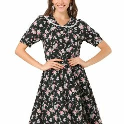 Allegra K Women's Floral Peter Pan Collar Hgih Waist A-line Flowy Chiffon Midi Dress